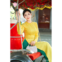 Áo dài Hoàng Cúc L619, Áo dài cổ tròn tết dây tôn dáng, dễ mặc màu Vàng, Áo dài Tết