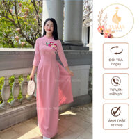 Áo dài Hồng Phấn Thêu Hoa vải lụa tây thi, áo dài truyền thống nữ tay lỡ mặc dự tiệc lễ tết đẹp