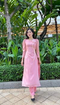 Áo dài hồng tơ ánh kim phối dây kết đá hiện đại-AD11 - Riêng áo - Size S