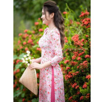 Áo dài in 3D hoa nhí màu hồng vải lụa mềm mịn mát - Áo dài Phương Thảo