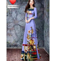 Áo dài in 3D màu tím in hoa sang trọng - Áo Dài Phương Anh Nữ - tà dài136cm, cổ tròn, co dãn nhẹ