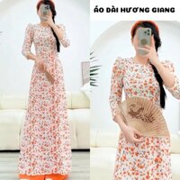 Áo dài in 3D truyền thống hoa màu cam nổi bật - Áo Dài Hương Giang - tà dài 136cm, tay bồng