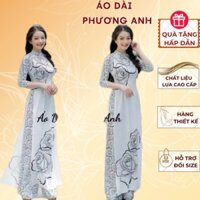Áo dài in hoa hồng màu trắng - Áo Dài Phương Anh Nữ - M61- tà dài 136cm, tay lỡ, cổ V cao 2cm, hoạ tiết in 3D