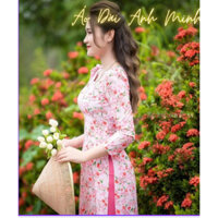 Áo dài in hoa nhí 3D màu hồng vải lụa mềm mịn-Áo Dài Anh Minh