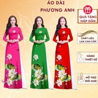 Áo dài in hoa tiết hoa sen màu xanh lá - Áo Dài Phương Anh - M15.4 -tay lỡ, hoạ tiết in,tà dài 138cm