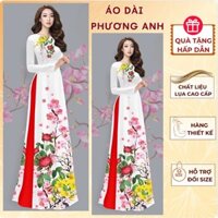 Áo dài in hoa trên nền trắng nổi bật- Áo Dài Phương Anh Nữ- M90-lụa mềm mịn mát có co dãn,cổ sen