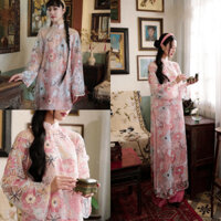 Áo Dài Kim Sa Hồng Cổ Truyển Thống Dáng Suông Sang Trọng