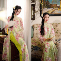 Áo Dài Kim Sa Xanh Cốm Cao Cấp Dáng Suông Sang Trọng