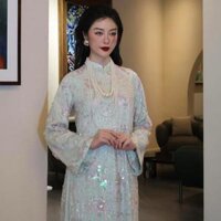 Áo dài kimsa vảy xanh pastel sang chảnh