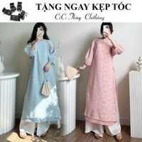 Áo Dài Lan Khuê - Áo Dài Tết 2025 Hottrend Cực Xinh Nhiều Màu Phối Viền Nơ Cúc Tay Bo Chun Nữ