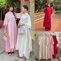 Áo dài “LINH LAN” - Áo dài GẤM LỤA VÂN HOA tay loe 2 lớp phối dây đính cúc ngọc