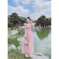 Áo dài linn design organza hồng phấn
