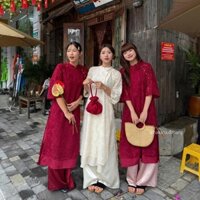 Áo dài lông vũ Min phối buộc nơ cách điệu kèm quần HAVANA siêu dễ thương