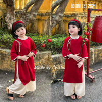 Áo dài lụa cách tân cho bé gái mặc tết đầu xuân đính kèm bờm tóc cao cấp