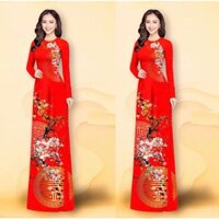 Áo dài lụa đỏ chữ hỷ phối hoa tràn sắc xuân nổi bật sang trọng