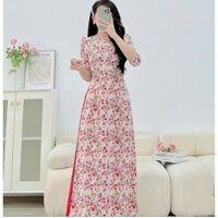 Áo dài lụa hoa nhí cổ tòn tay phồng lỡ màu hồng yêu thương trẻ trung sang chảnh tôn dáng tôn da