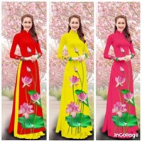 Áo dài lụa hoa sen mẫu mới, Áo dài đồng phục hội nhóm biểu diễn sẵn 3 màu đỏ vàng hồng
