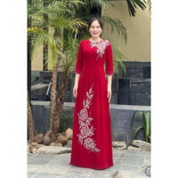 Áo Dài Lụa Màu Đỏ 4 tà Cổ Tròn Tay Lỡ Đính Kết Hoa Pha Lê Cao Cấp Suu21