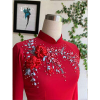 Áo dài lụa màu đỏ đính kết ngọc hoa ruy băng thêu thủ công đi tiệc, sự kiện, đám cưới, lễ Tết