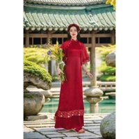 Áo dài lụa màu đỏ đô phối tay tơ hoa nhí - Áo Dài Phương Anh