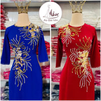 Áo Dài Lụa Mỹ 2 Tà Cổ Tròn Tay Lỡ Đính Hoa Kèm Pha Lê M001