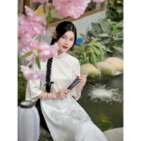 Áo Dài Lụa Tay Lỡ Cổ Trụ Hoạ Tiết Hạc Như Ý, Áo Dài Dáng Suông Hottrend Mặc Du Xuân - Pháp Phục Ngọc Tâm