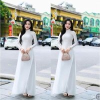 Áo dài lụa vân gỗ màu trắng tinh khôi đính kết cườm thủ công sang chảnh
