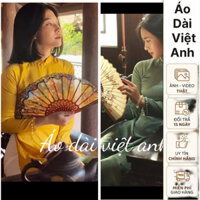 Áo dài lụa vân gỗ màu vàng đồng và màu xanh rêu, vải lụa mềm mịn, đính ngọc thủ công - Áo Dài Việt Anh