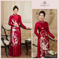 Áo dài mẹ cao cấp màu đỏ chung chất lụa Ruby hoạ tiết thêu phượng đính kết đá cổ áo