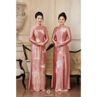 Áo dài mẹ cao cấp Phương Thảo chất liệu lụa ruby màu hồng nhạt may tà A hoạ tiết thêu đính kết cổ
