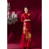 Áo dài mẹ Phương Thảo chất lụa ruby cao cấp màu đỏ chung hoạ tiết thêu ,đính đá cổ lắc tay,Áo dài mẹ sui