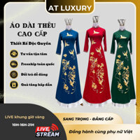 Áo dài mẹ sui, áo dài thêu hạc quạt vải lụa mango cổ truyền thống