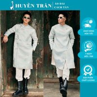 Áo dài Nam cách tân chất vải gấm vân xẻ tà đính cúc cực sang, màu xanh ấn tượng trang nhã - Áo Dài Huyền Trân