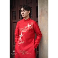 Áo dài nam cách tân nam đỏ thêu BẠCH HẠC vải tuyết mưa cao cấp
