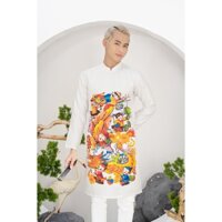 Áo Dài Nam gấm màu trắng in hình Xuân Đoàn viên Lân sư rồng lễ hội, giao hỏa tốc Hà Nội