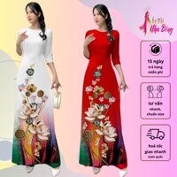 ÁO DÀI NHÀ BỐNG - [HCM] Áo dài gấm vân gỗ in họa tiết hoa sen khô AD041