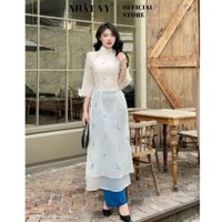 Áo dài Nhật Vy thêu hoa đính nút bọc chất tơ lụa hoa thêu 2 lớp cao cấp dịu dàng phù hợp dạo Tết chụp ảnh - D2923