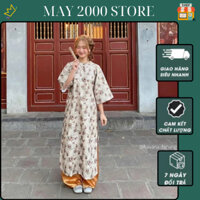 Áo dài nhung chéo HẢI QUỲNH in hoa quả đính cúc đôi cài kèm quần phi bóng  AD163