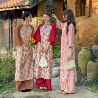 Áo dài nhung chéo TẦM PHƯƠNG cổ tròn in hoạ tiết hoa phượng phối cúc bọc kèm quần nhung HAVANA AD132