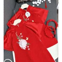 Áo dài nhung đỏ phối quần lụa tặng kèm bờm nhún cho bé gái chơi Tết 10-30kg