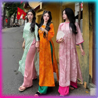 Áo Dài Nữ Cách Tân Gấm Đào Hạc LINN May Sẵn Áo Dài Dáng Suông Cổ Tròn Nẻ Phối Cổ Và Tay Đính Cúc Xinh Sẵn