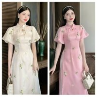 Áo dài nữ cách tân kiểu dáng tiểu thư nhẹ nhàng thêu hoa 4 tà thiết kế tay phồng