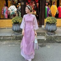 Áo Dài Nữ Cách Tân Tay Ngắn Loe Thêu Thủ Công 4 Tà LD103