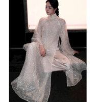 Áo Dài Nữ Kim Sa Kết trắng  dáng suông cao cấp đi tiệc, cưới hỏi.áo dài kim sa 4 tà