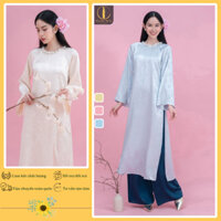 Áo dài nữ Tâm Giao cách tân dáng suông cổ tròn đính ngọc đá vải gấm tơ tay dài đẹp - Áo dài Ngọc Mai