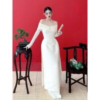 Áo dài Nữ thiết kế, Áo dài cách tân trễ vai tay dài Phối nút siêu sang chảnh - Áo Dài Linn