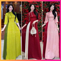 Áo Dài Nữ Truyền Thống Vải Gấm Cổ Lệch Cách Điệu Đính Nơ Và Cúc Tay Lỡ-Áo dài Bông Bông