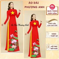 Áo dài sao vàng hoa sen truyền thống - Áo Dài Phương Anh -M12.5-  tà dài 138cm, tay dài, hoạ tiết in