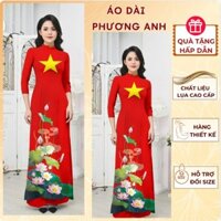 Áo dài sao vàng sen in hoa tiết săc nét - Áo Dài Phương Anh - M12.4 - tay lỡ, cổ V 2cm, tà dài 138cm