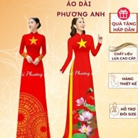 Áo dài sao vàng trống đồng, áo dài sao vàng hoa sen, hoạ tiết in sắc nétmịn mát-  Áo Dài Phương Anh